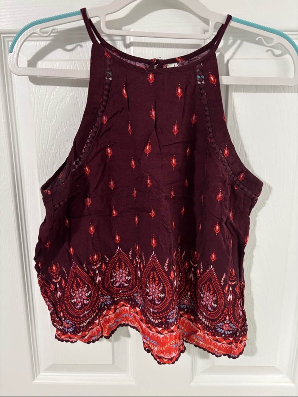 Mudd Burgundy Halter Camisole with Red Border Embroidery